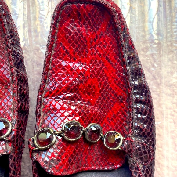 Stuart Weitzman.  Red mottled leather and crystal slip on mules. - Picture 2 of 4